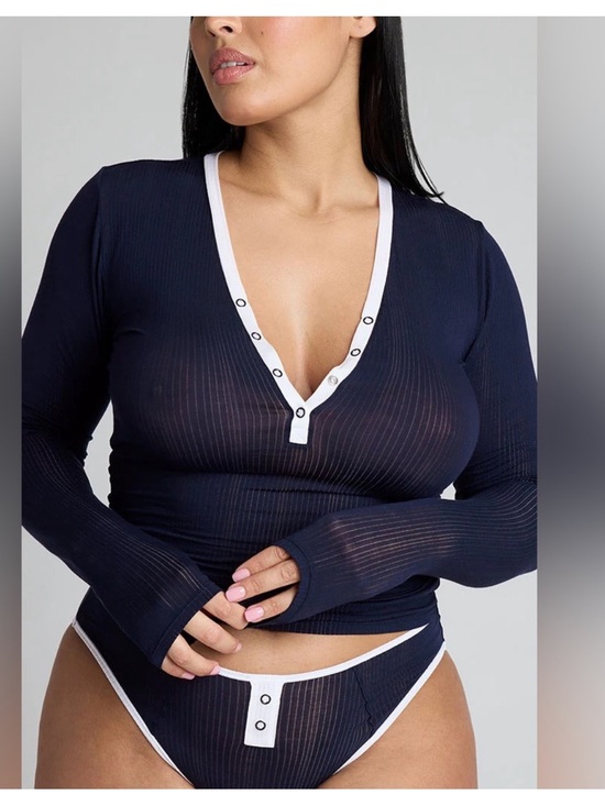 Negative Underwear Tops - RARE Negative Underwear Whipped Long-Sleeve Henley Navy with White Trim Sheer XL
